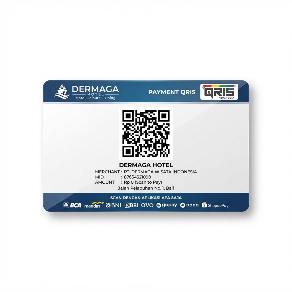 Clean digital QRIS QR code payment card graphic mockup on white background, sharp vector lines, modern Indonesian financial payment QR graphic for Dermaga Hotel