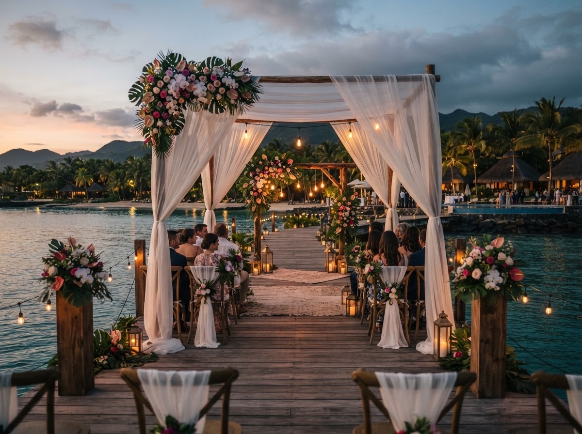 Elegant beachfront wedding ceremony setup on wooden pier with white linen canopy at twilight