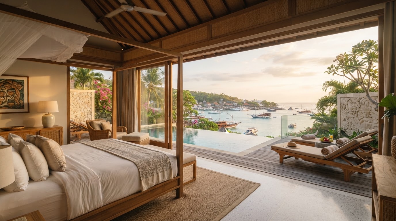 Exclusive luxury beachfront villa bedroom with private plunge pool deck overlooking sea harbor