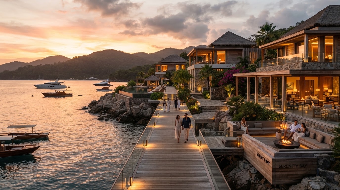 Boutique luxury waterfront harbor hotel sanctuary at golden hour sunset