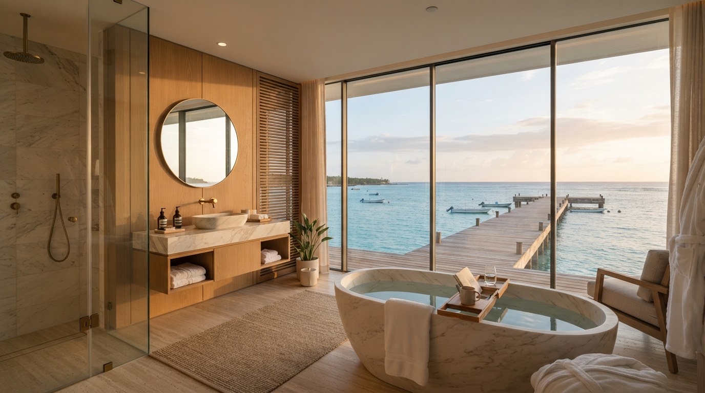 Serene luxury hotel suite bathroom with freestanding marble bathtub overlooking ocean pier through floor to ceiling glass