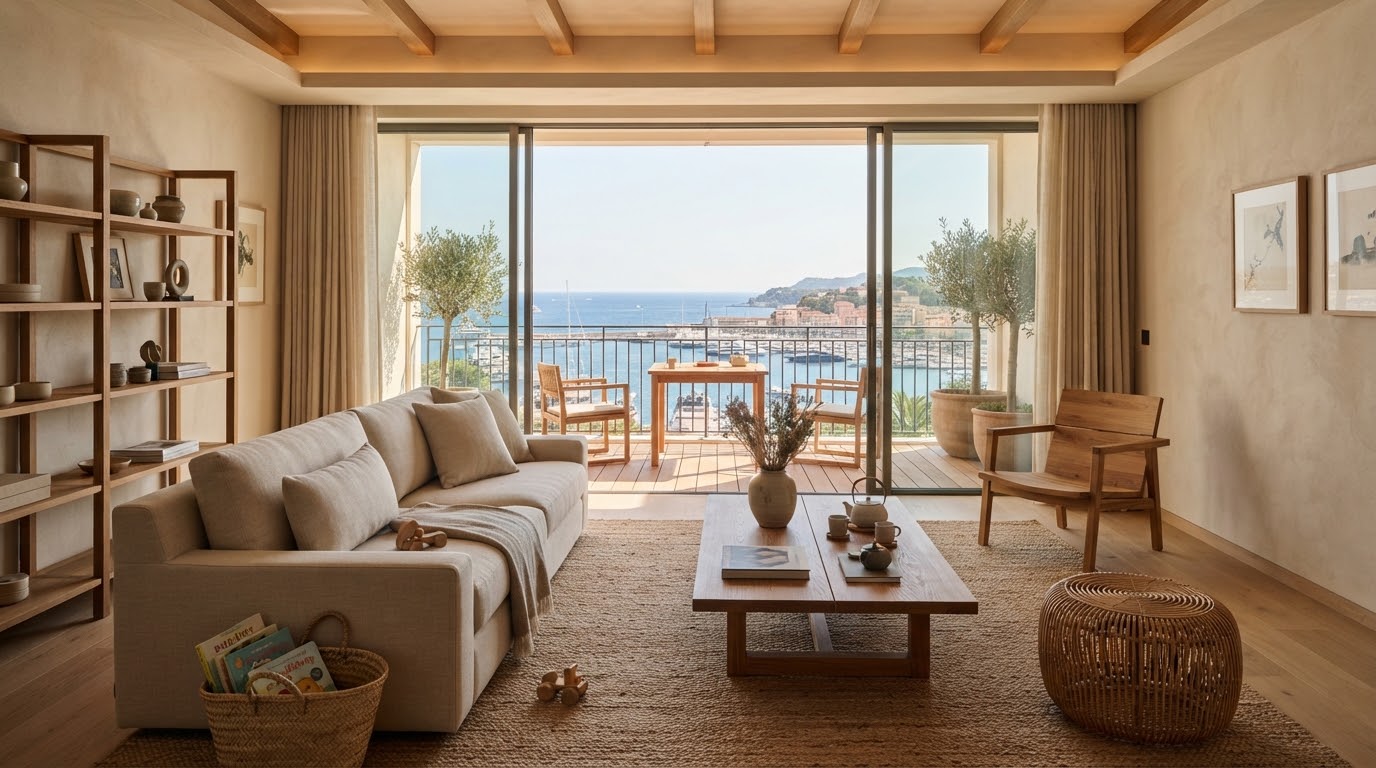 Spacious luxury hotel family suite living room with artisanal teak wood furniture