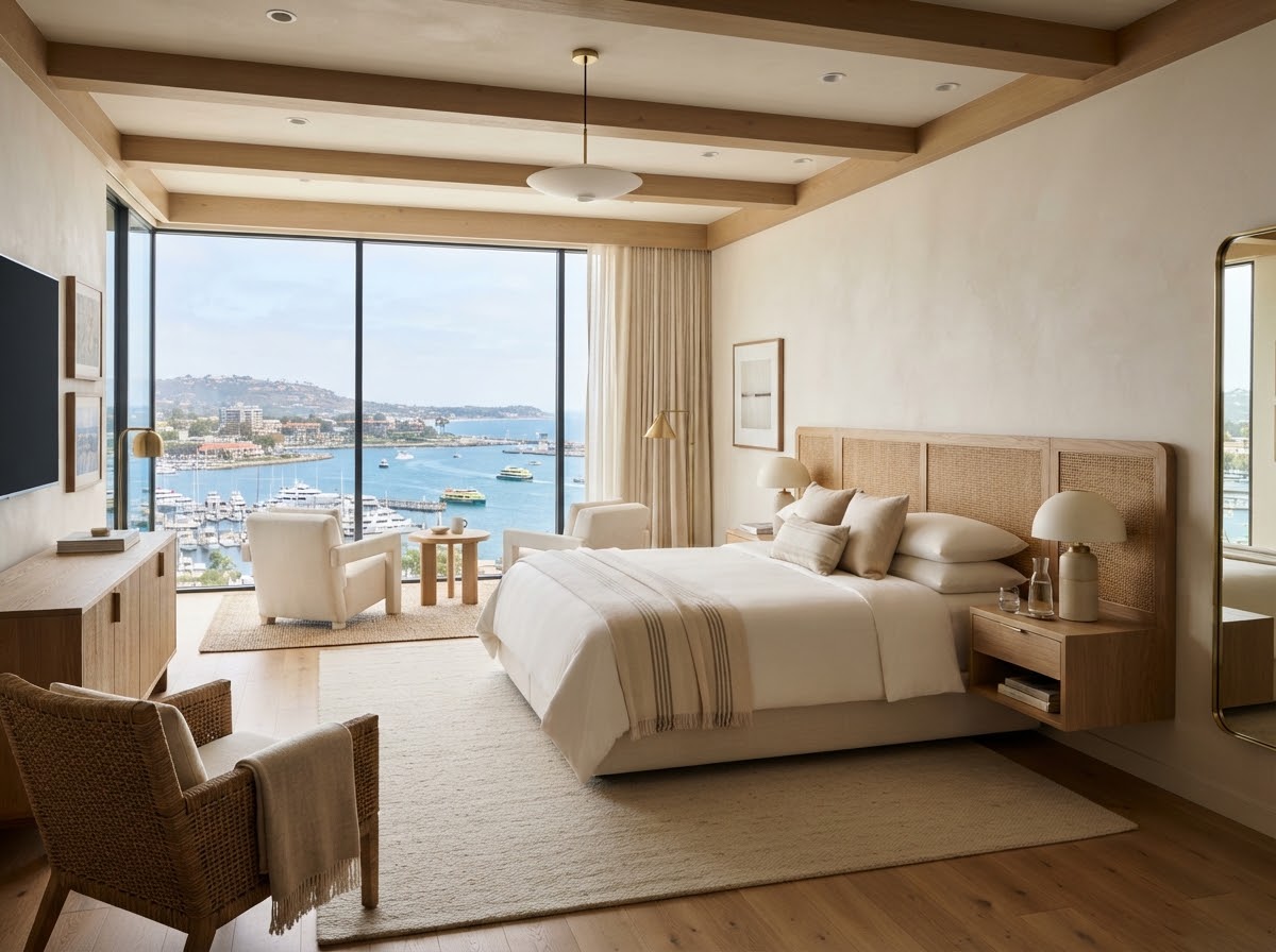 Spacious luxury deluxe bedroom suite overlooking harbor ocean view